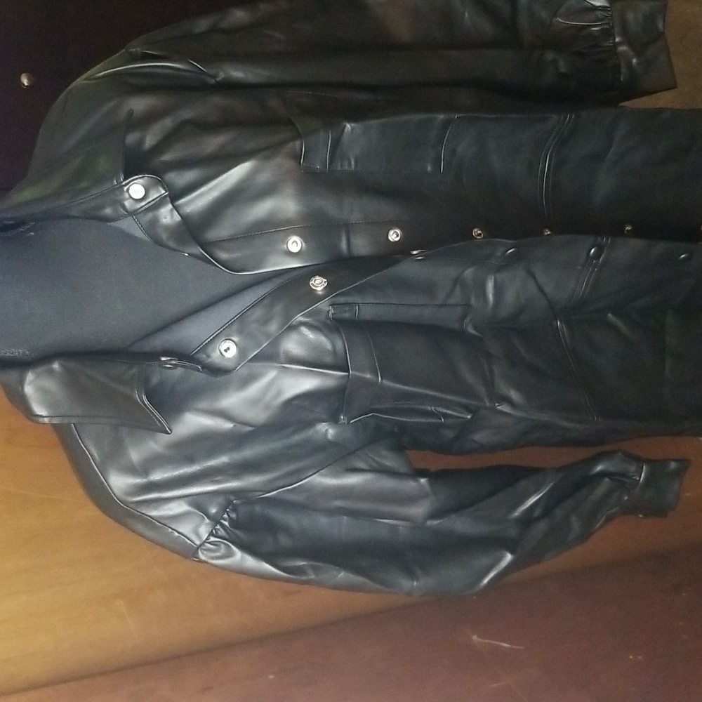 Black leather front snap dress with top front pockets